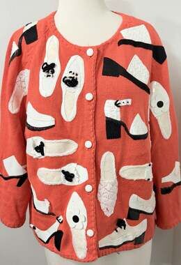 Vtg Michael Simon NY Womens Sz XL Pink Shoe Cardigan Novelty Appliqué Sweater